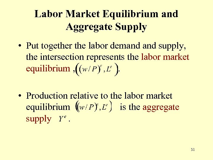 Labor Market Equilibrium and Aggregate Supply • Put together the labor demand supply, the