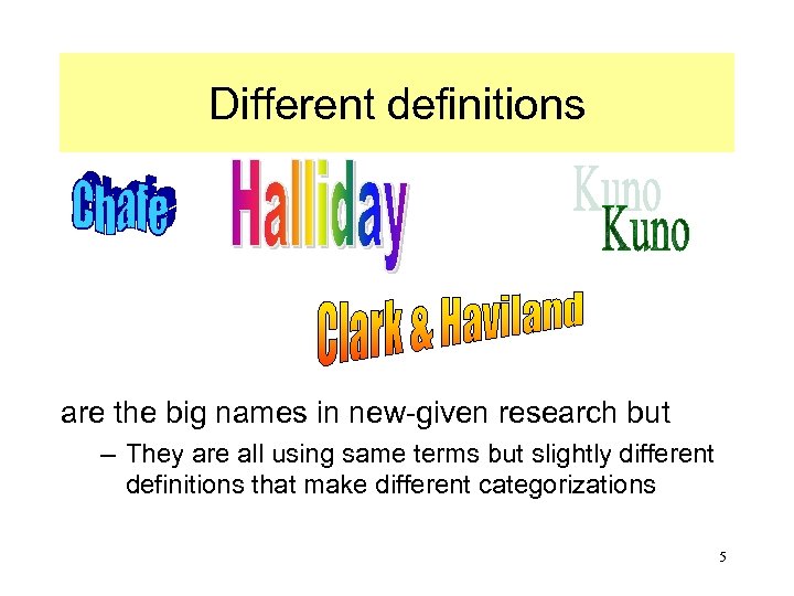 Different definitions are the big names in new-given research but – They are all
