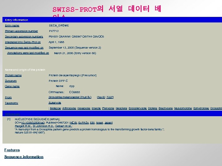 SWISS-PROT의 서열 데이터 베 이스 Entry information Entry name DECA_DROME Primary accession number P