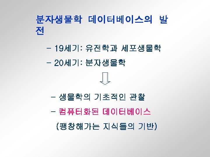 분자생물학 데이터베이스의 발 전 - 19세기: 유전학과 세포생물학 - 20세기: 분자생물학 - 생물학의 기초적인