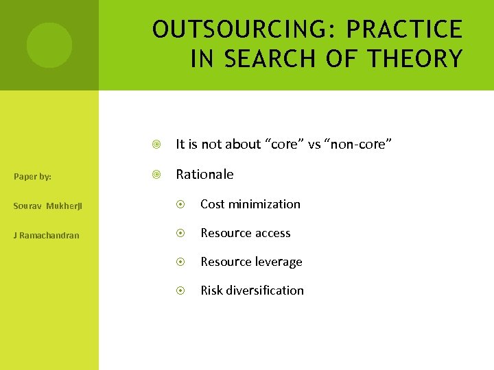 OUTSOURCING: PRACTICE IN SEARCH OF THEORY Paper by: It is not about “core” vs