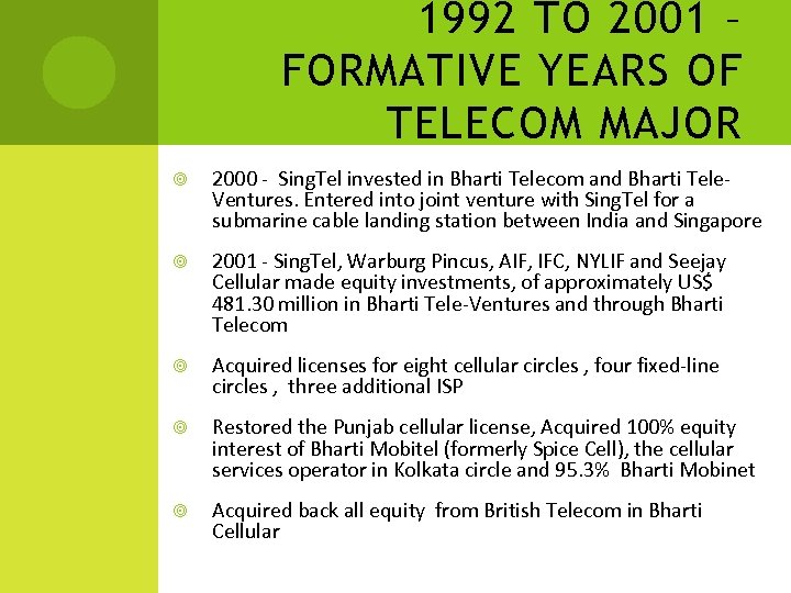 1992 TO 2001 – FORMATIVE YEARS OF TELECOM MAJOR 2000 - Sing. Tel invested