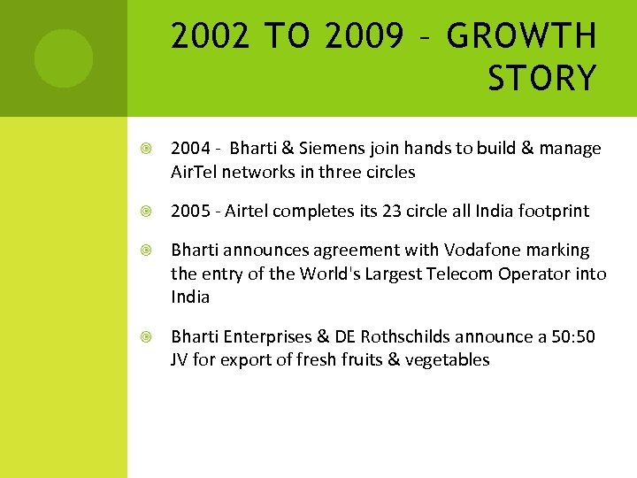 2002 TO 2009 – GROWTH STORY 2004 - Bharti & Siemens join hands to