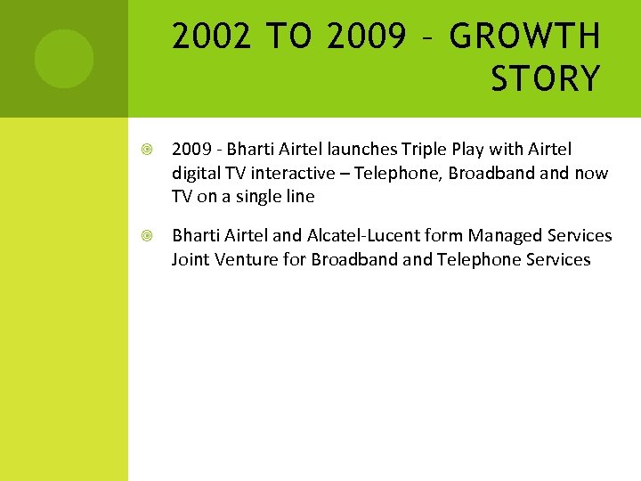 2002 TO 2009 – GROWTH STORY 2009 - Bharti Airtel launches Triple Play with