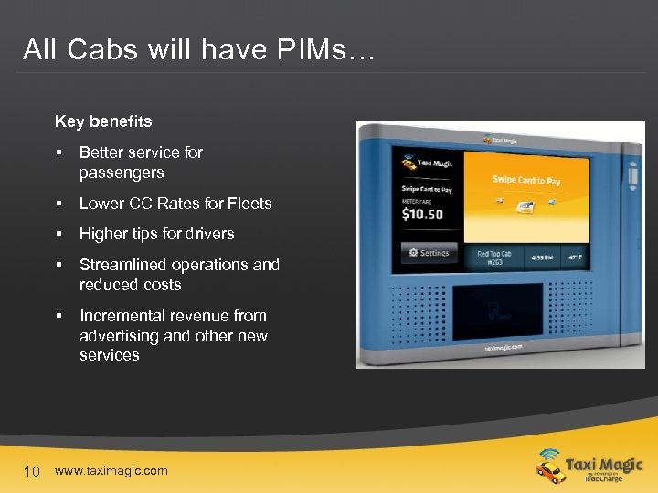 All Cabs will have PIMs… Key benefits § Better service for passengers § Lower