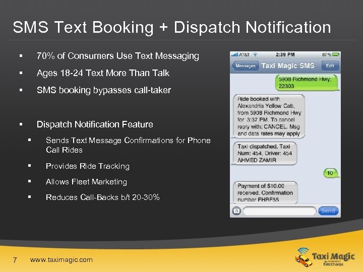SMS Text Booking + Dispatch Notification § 70% of Consumers Use Text Messaging §