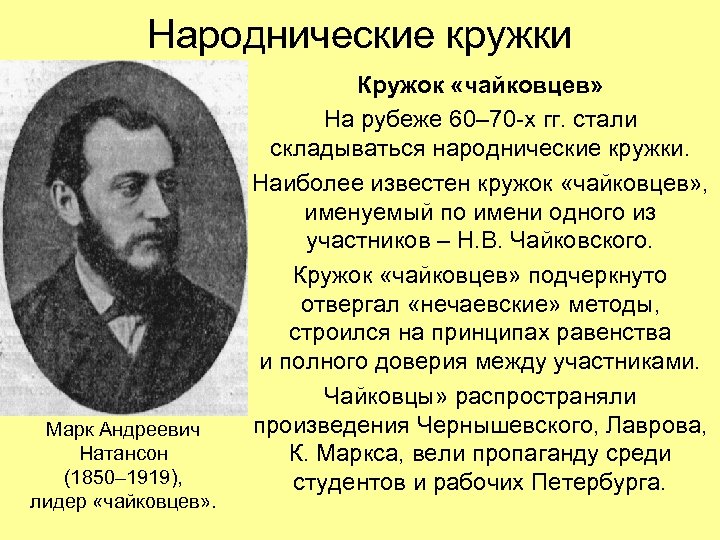 Народнические кружки Марк Андреевич Натансон (1850– 1919), лидер «чайковцев» . Кружок «чайковцев» На рубеже