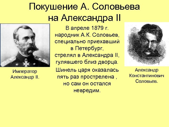 Покушение А. Соловьева на Александра II Император Александр II. В апреле 1879 г. народник