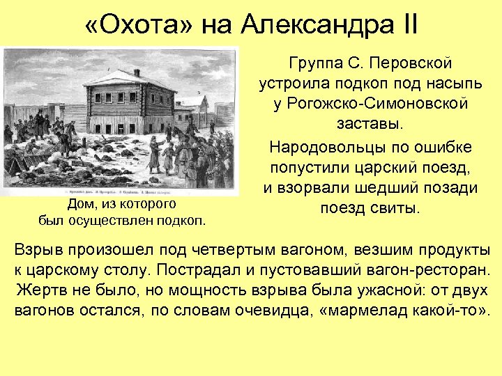  «Охота» на Александра II Дом, из которого был осуществлен подкоп. Группа С. Перовской