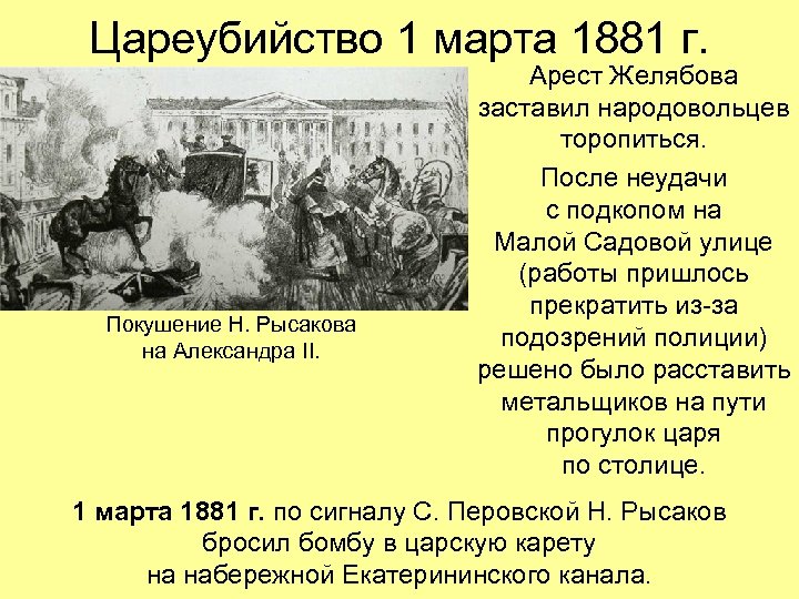 Цареубийство 1 марта 1881 г. Покушение Н. Рысакова на Александра II. Арест Желябова заставил