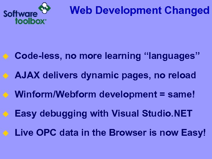Web Development Changed u Code-less, no more learning “languages” u AJAX delivers dynamic pages,