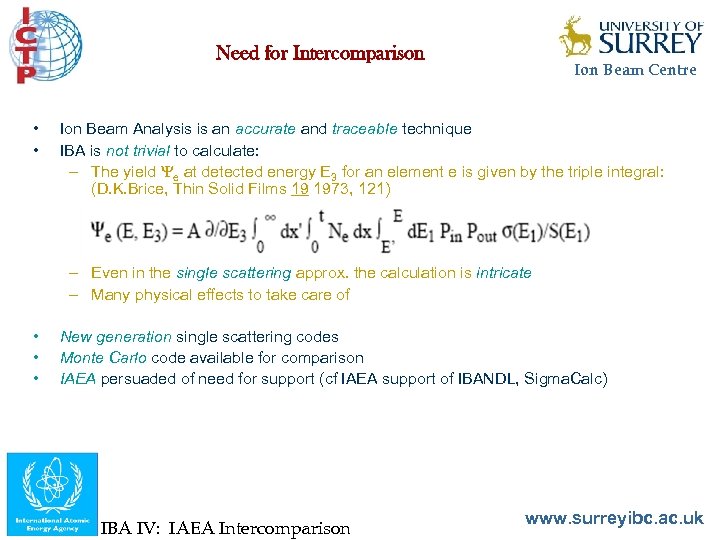 Need for Intercomparison • • Ion Beam Centre Ion Beam Analysis is an accurate