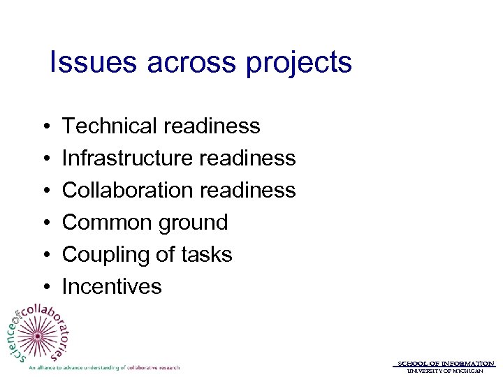 Issues across projects • • • Technical readiness Infrastructure readiness Collaboration readiness Common ground