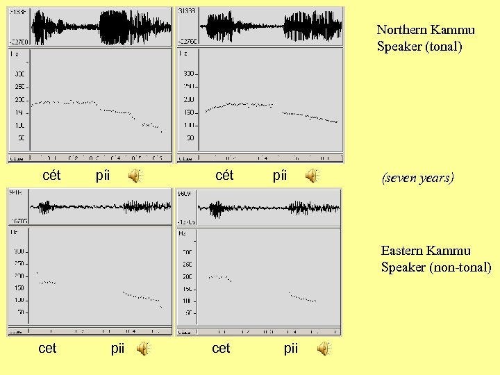 Northern Kammu Speaker (tonal) cét píi (seven years) Eastern Kammu Speaker (non-tonal) cet pii