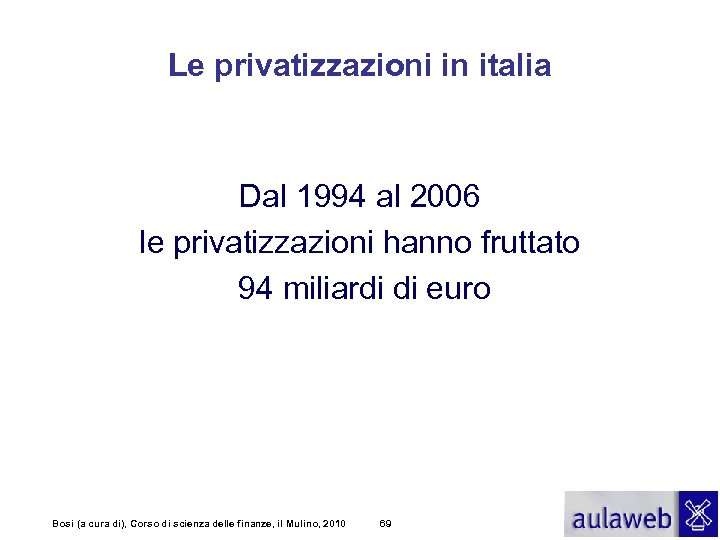 Le privatizzazioni in italia Dal 1994 al 2006 le privatizzazioni hanno fruttato 94 miliardi