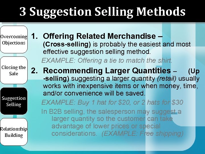 3 Suggestion Selling Methods Overcoming Objections 1. Offering Related Merchandise – Closing the Sale