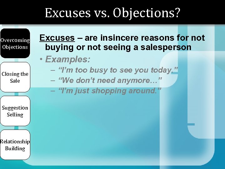 Excuses vs. Objections? Overcoming Objections Closing the Sale Suggestion Selling Relationship Building Excuses –