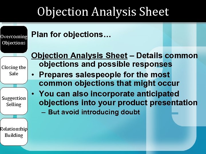 Objection Analysis Sheet Overcoming Objections Closing the Sale Suggestion Selling Relationship Building Plan for