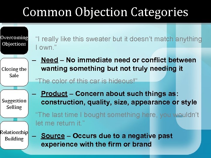 Common Objection Categories Overcoming • Objections Closing the Sale • Suggestion Selling • Relationship