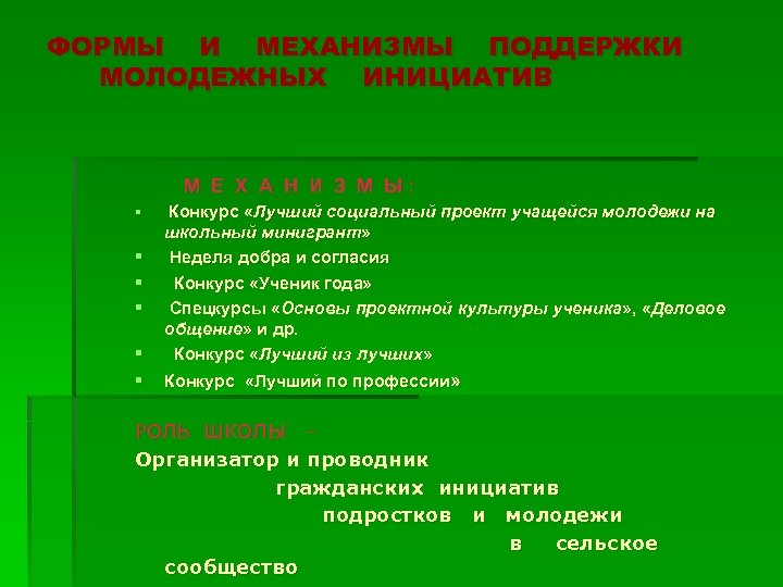 ФОРМЫ И МЕХАНИЗМЫ ПОДДЕРЖКИ МОЛОДЕЖНЫХ ИНИЦИАТИВ М Е Х А Н И З М