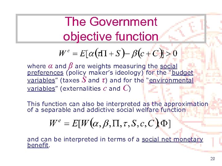 The Government objective function where α and β are weights measuring the social preferences