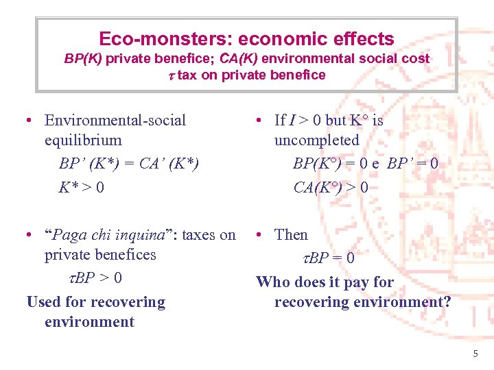 Eco-monsters: economic effects BP(K) private benefice; CA(K) environmental social cost tax on private benefice