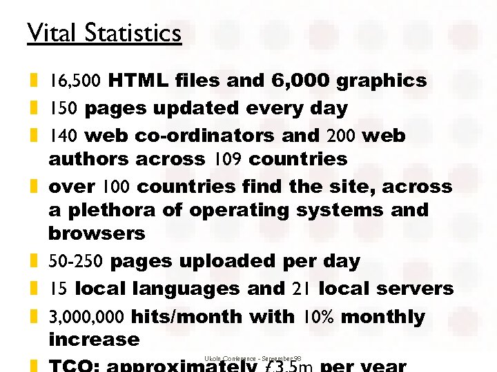 Vital Statistics z 16, 500 HTML files and 6, 000 graphics z 150 pages