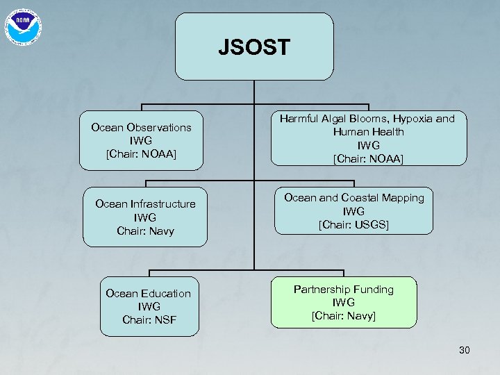 JSOST Ocean Observations IWG [Chair: NOAA] Ocean Infrastructure IWG Chair: Navy Ocean Education IWG