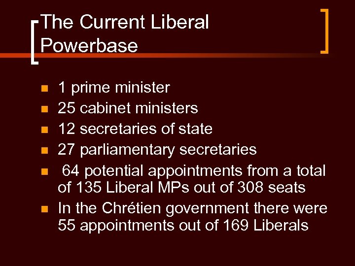 The Current Liberal Powerbase n n n 1 prime minister 25 cabinet ministers 12