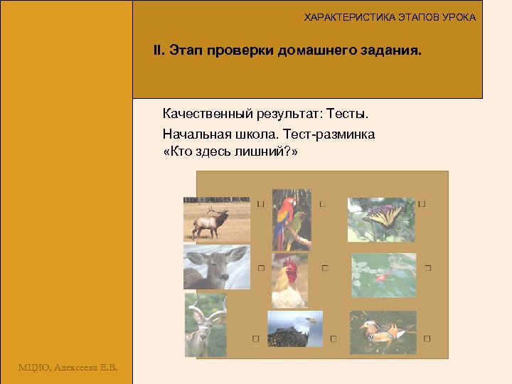 ХАРАКТЕРИСТИКА ЭТАПОВ УРОКА II. Этап проверки домашнего задания. Качественный результат: Тесты. Начальная школа. Тест-разминка
