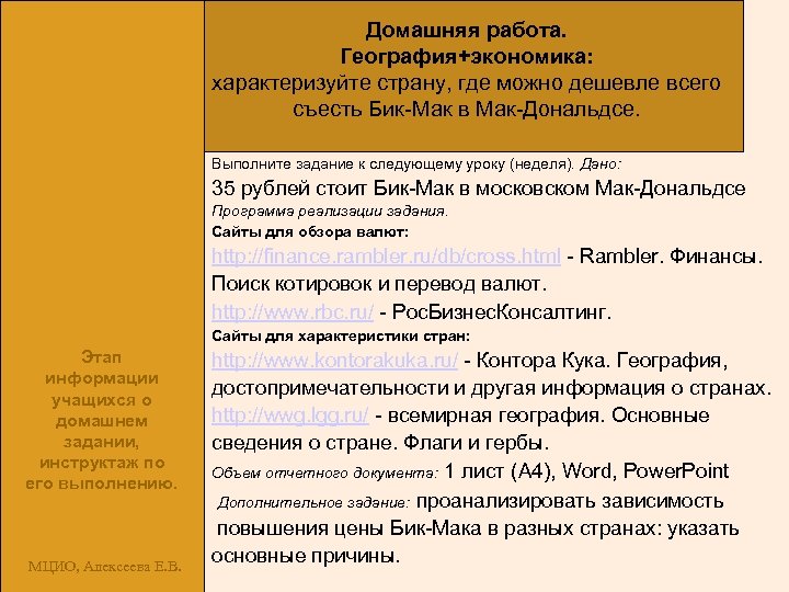 Домашняя работа. География+экономика: характеризуйте страну, где можно дешевле всего съесть Бик-Мак в Мак-Дональдсе. Выполните