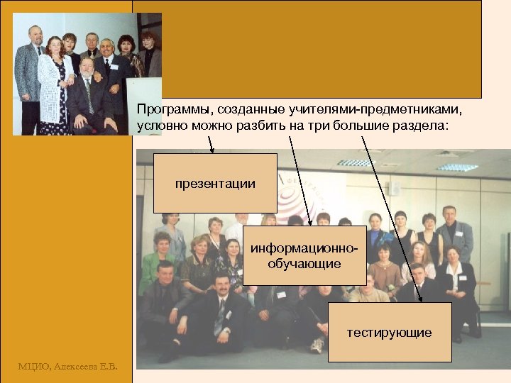 Программы, созданные учителями-предметниками, условно можно разбить на три большие раздела: презентации информационнообучающие тестирующие МЦИО,