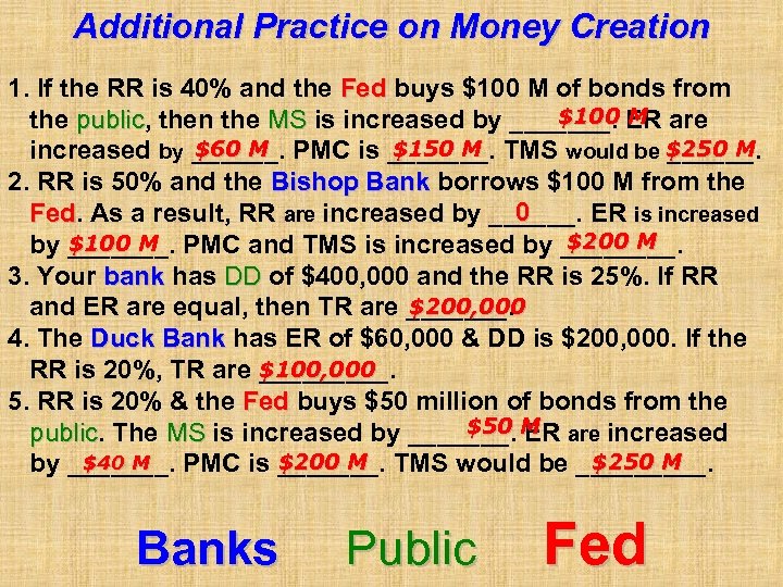 Additional Practice on Money Creation 1. If the RR is 40% and the Fed