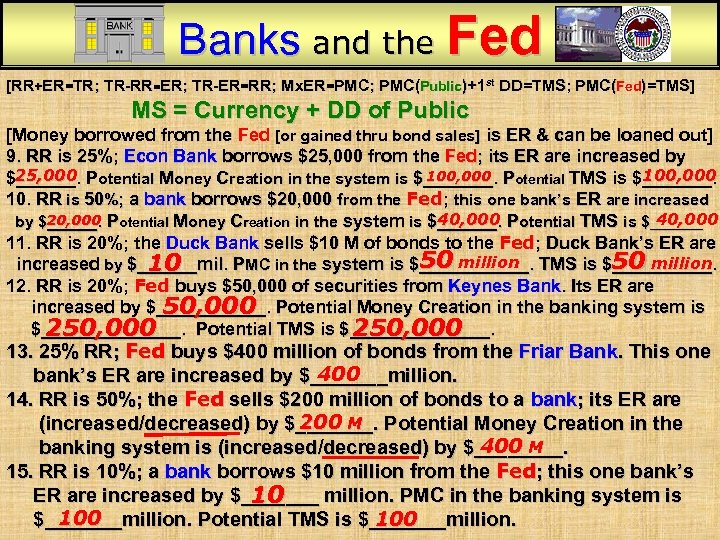 Banks and the Fed [RR+ER=TR; TR-RR=ER; TR-ER=RR; Mx. ER=PMC; PMC(Public)+1 st DD=TMS; PMC(Fed)=TMS] MS
