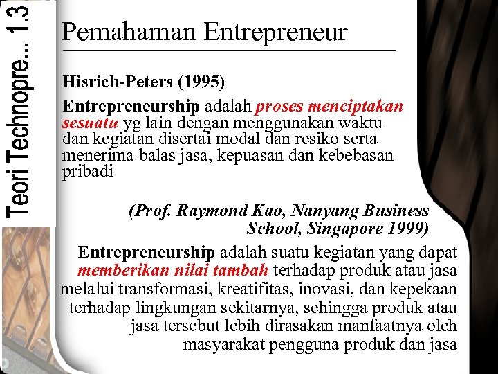 Pemahaman Entrepreneur Hisrich-Peters (1995) Entrepreneurship adalah proses menciptakan sesuatu yg lain dengan menggunakan waktu