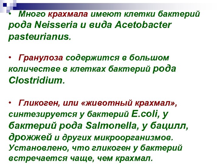  • Много крахмала имеют клетки бактерий рода Nеisseria и вида Acetobacter pasteurianus. •
