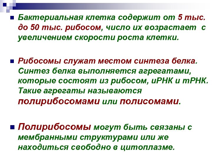 n Бактериальная клетка содержит от 5 тыс. до 50 тыс. рибосом, число их возрастает