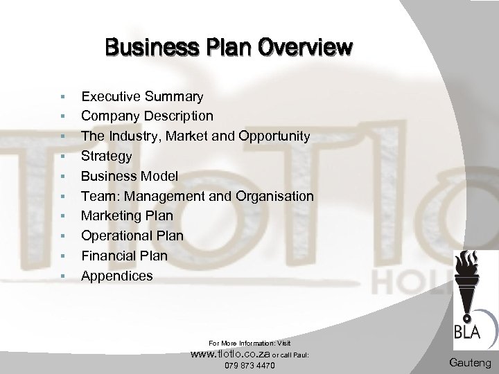 Business Plan Overview § § § § § Executive Summary Company Description The Industry,