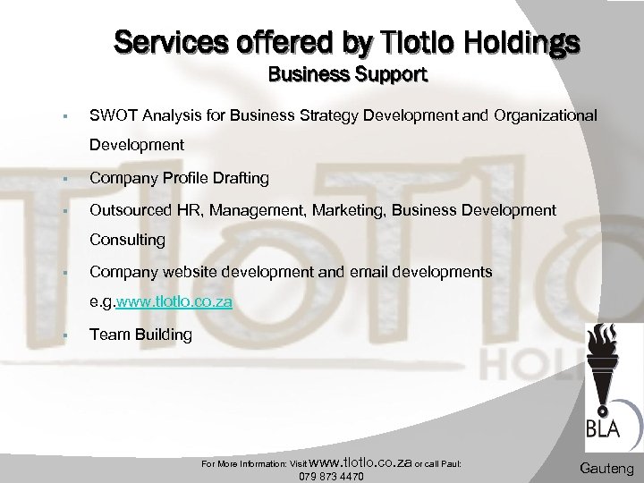Services offered by Tlotlo Holdings Business Support § SWOT Analysis for Business Strategy Development