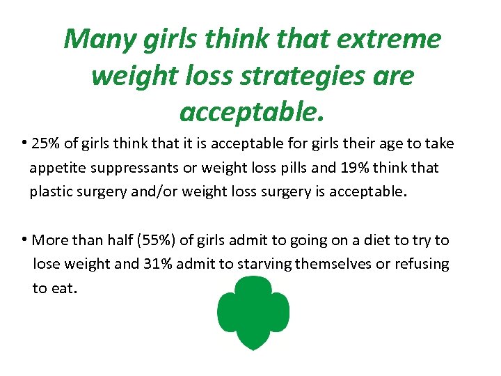 Many girls think that extreme weight loss strategies are acceptable. • 25% of girls