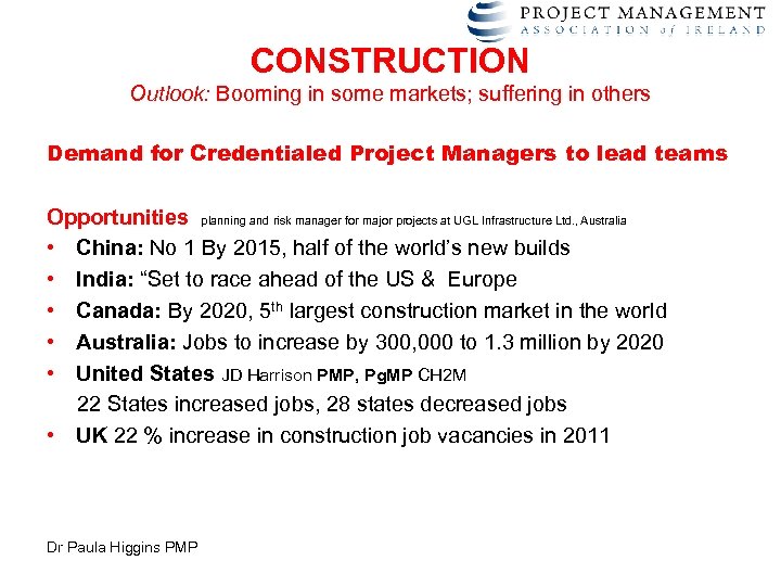 CONSTRUCTION Outlook: Booming in some markets; suffering in others Demand for Credentialed Project Managers