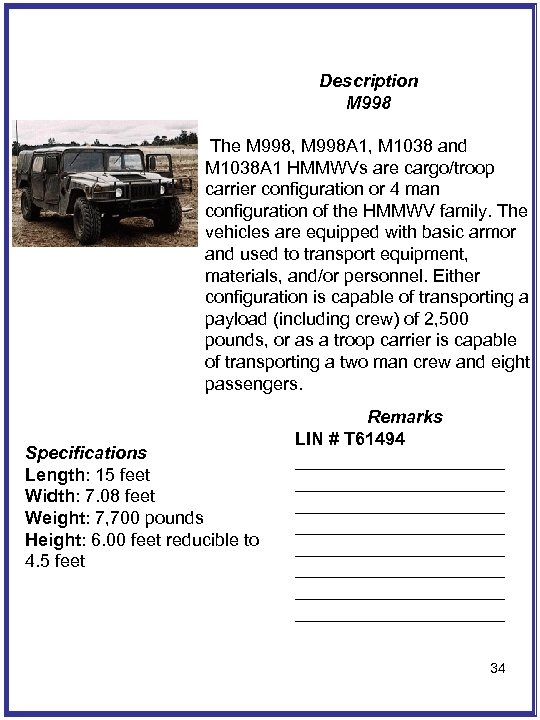 Description M 998 The M 998, M 998 A 1, M 1038 and M