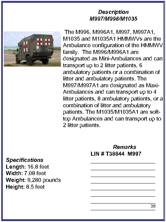 Description M 997/M 998/M 1035 The M 996, M 996 A 1, M 997