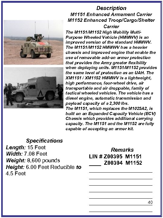 Description M 1151 Enhanced Armament Carrier M 1152 Enhanced Troop/Cargo/Shelter Carrier The M 1151/M