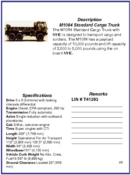 Description M 1084 Standard Cargo Truck The M 1084 Standard Cargo Truck with MHE