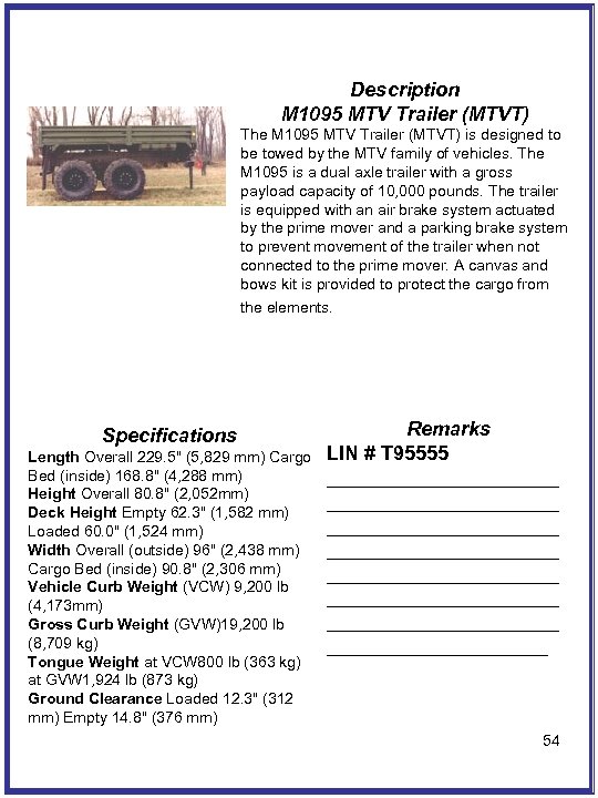 Description M 1095 MTV Trailer (MTVT) The M 1095 MTV Trailer (MTVT) is designed