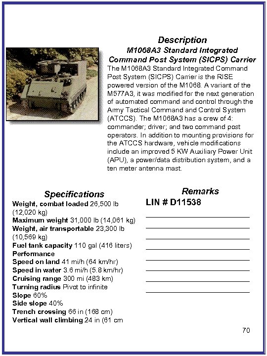 Description M 1068 A 3 Standard Integrated Command Post System (SICPS) Carrier The M