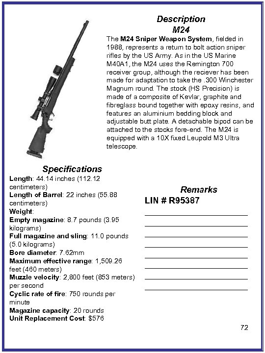 Description M 24 The M 24 Sniper Weapon System, fielded in 1988, represents a