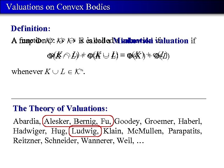 Valuations on Convex Bodies Def inition: A function : is called a Minkowski valuation