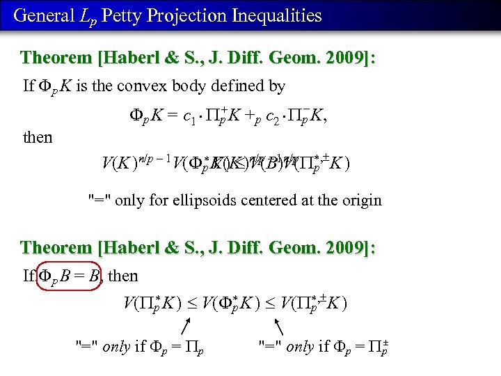 General Lp Petty Projection Inequalities Theorem [Haberl & S. , J. Diff. Geom. 2009]:
